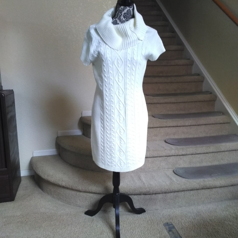 Off white sweater dress with slouch collar.
